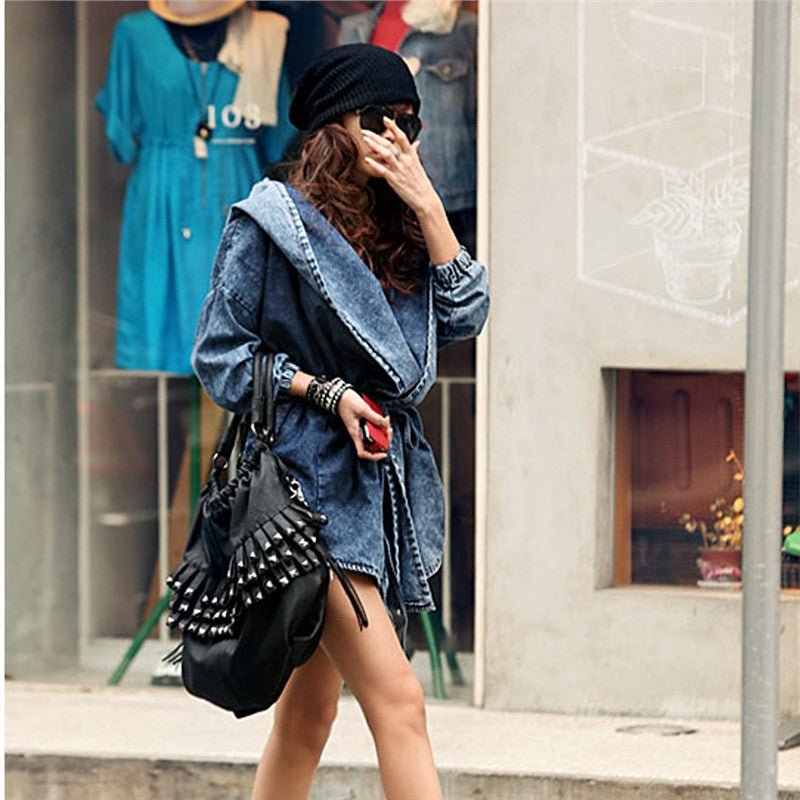 Long Sleeves Denim Trench Coat Medium-long Hooded Outerwear Jean Jacket - Free Size