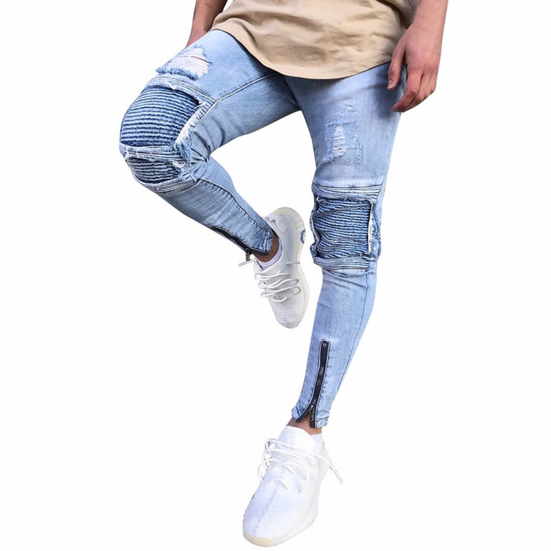 Mens Ripped Slim Fit Motorcycle Vintage Denim Jeans Hiphop Streetwear Pants