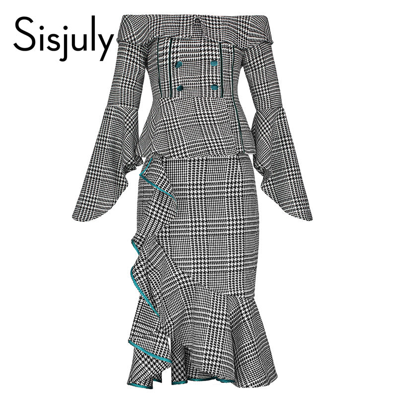 vintage suits women's sets long sleeve slash neck wool blends Houndstooth