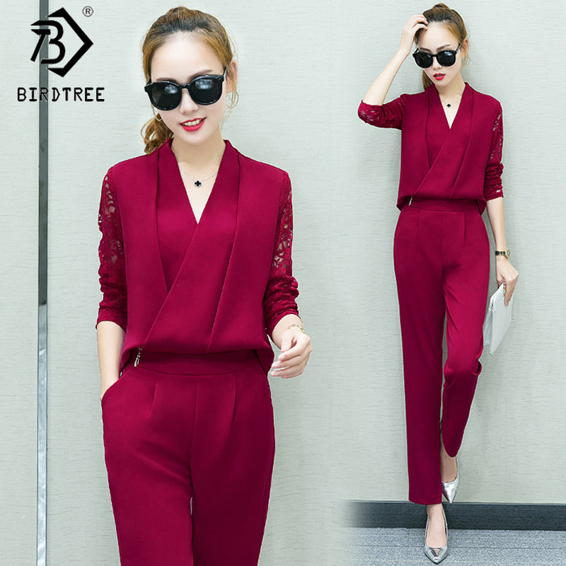 Fashion New 2018 Women 2 Piece Set Women Suit Female Long Sleeve Lace Work Clothes Trousers Two-Piece Sets Foot Trousers