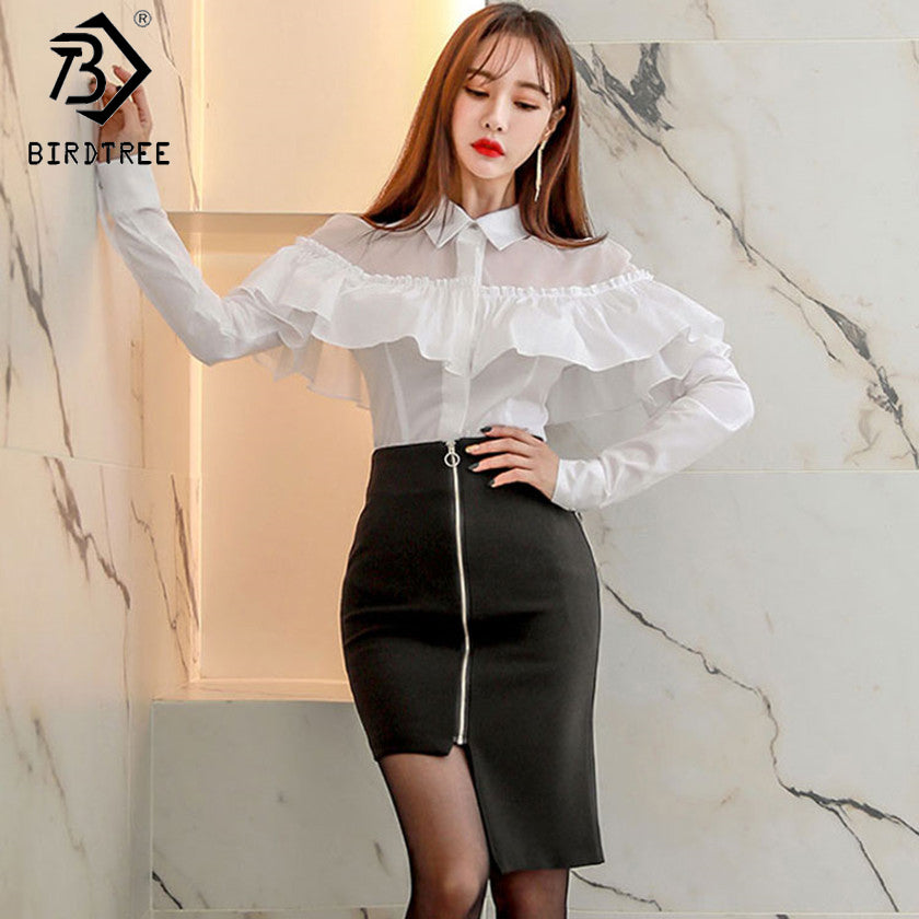 Women 2 Pieces Sets Mesh Patchwork Sexy White Blouses Ruffles Shirts Irregular Black Bodycon Mini Skirt Clothes OL Style
