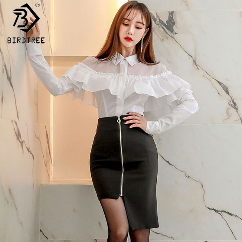Women 2 Pieces Sets Mesh Patchwork Sexy White Blouses Ruffles Shirts Irregular Black Bodycon Mini Skirt Clothes OL Style