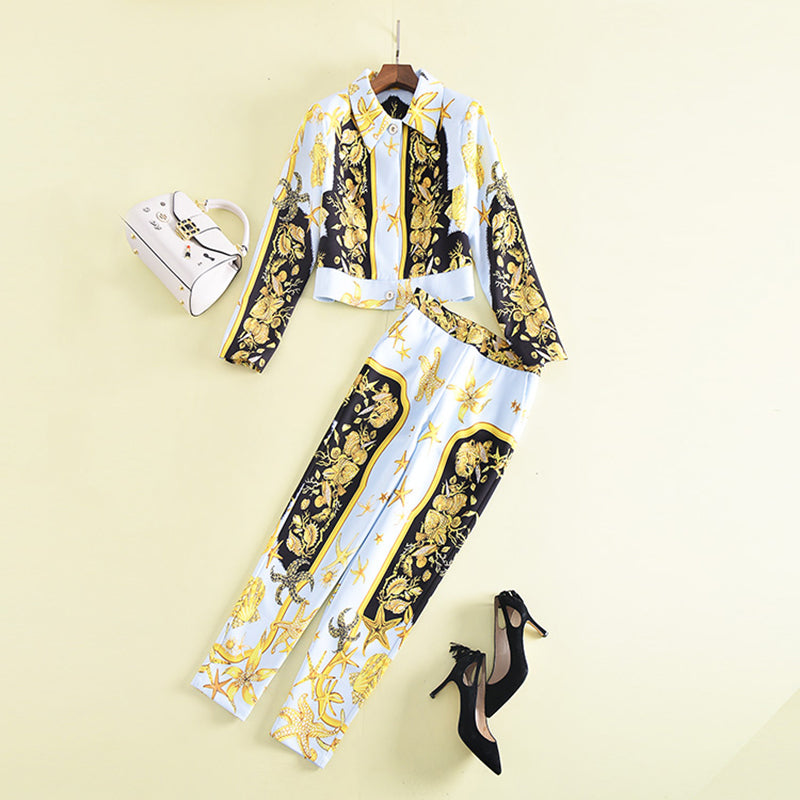 HIGH QUALITY Newest Runway 2018 Designer Suit Set Women's Long Sleeve Gorgeous Printed Blouse Shirt Pants Suit Set