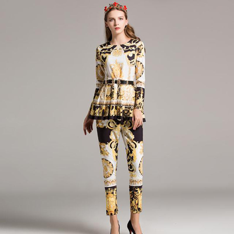 Designer Runway Suit Set Women's Long Blouse Shirt Printed Pants Suit