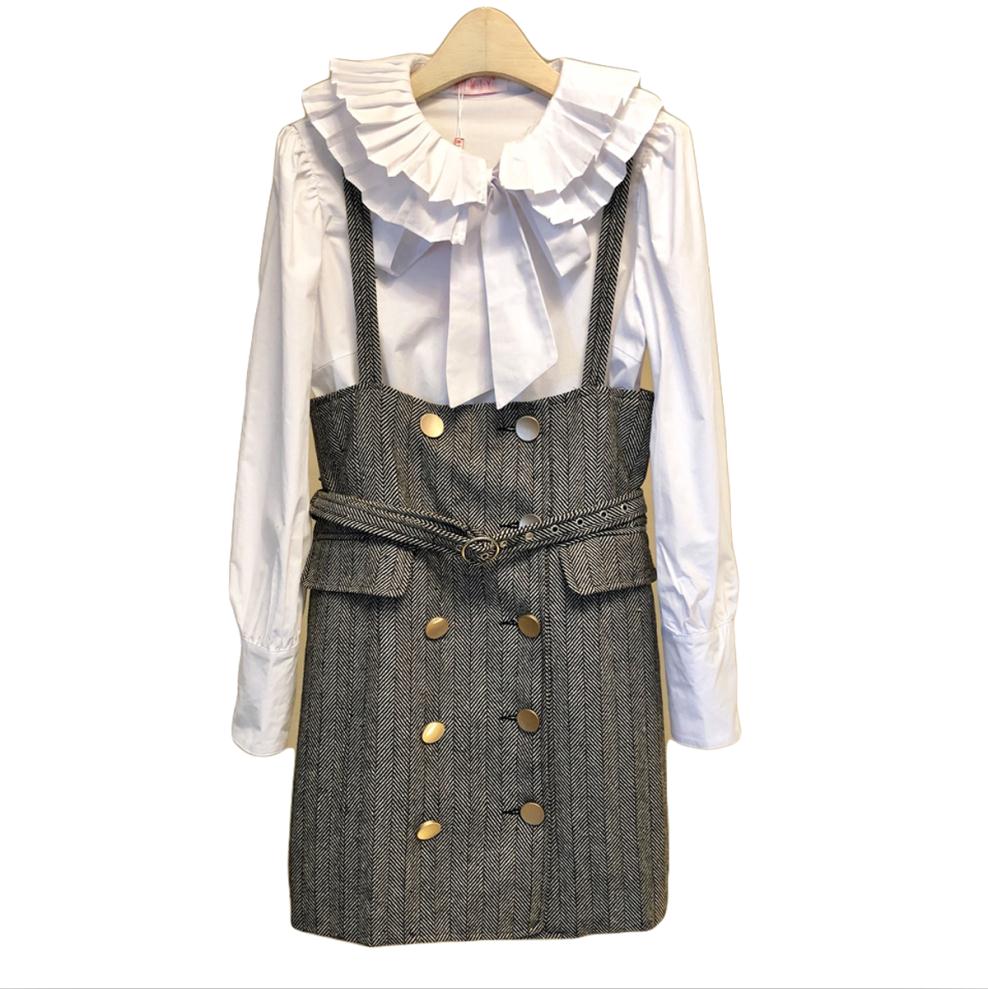Women Peter Pan Collar Top Bow Ruffles Blouses Shirts + Short Midi Woolen Tweed Skirt