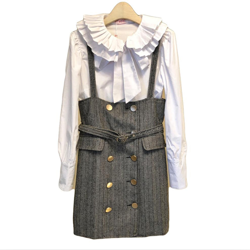 Women Peter Pan Collar Top Bow Ruffles Blouses Shirts + Short Midi Woolen Tweed Skirt