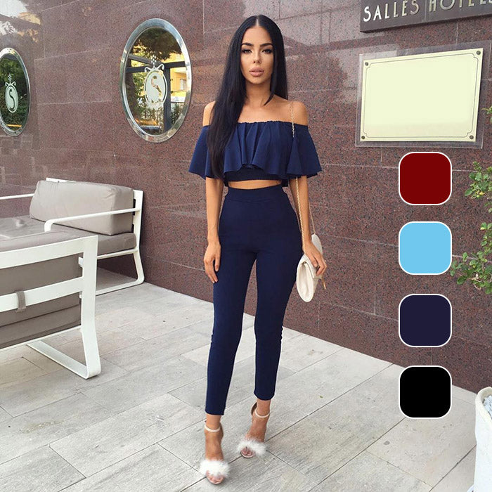 Women Sexy Two Piece Set Tops Pants Off Shoulder Ruffle Ladies Solid Color Blouse Tight Trousers Bodysuit Suit F