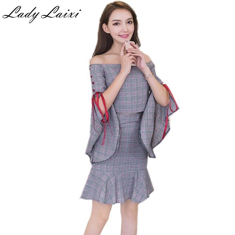 2 Piece Set Women Suit 2018 Spring Summer Plaid Flare sleeve Blouse Shirts Tops and Bandage Mini Skirt Crop Top and Skirt Set