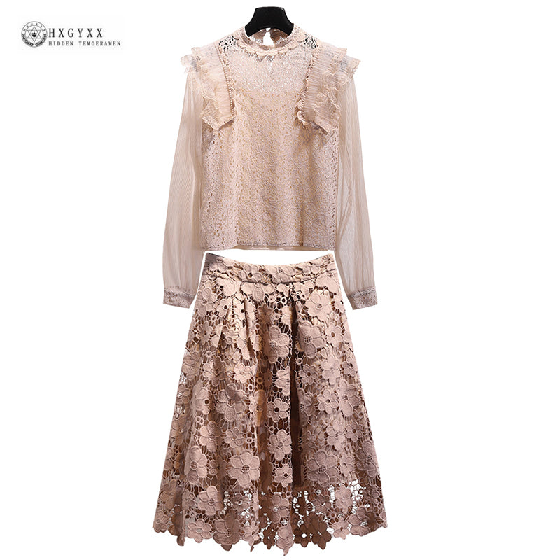 Two Piece Set Sexy Chiffon Blouse Shirt Top Elegant A-Line Lace Skirt Suit Sets Female Clothing W1615