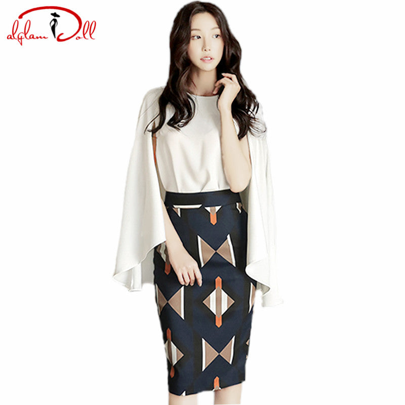 2017 Autumn Cape Top Solid Casual Chiffon Blouse Shirts Print Pencil Bodycon Midi Skirt Two Pieces Suit Dress Party Vestidos