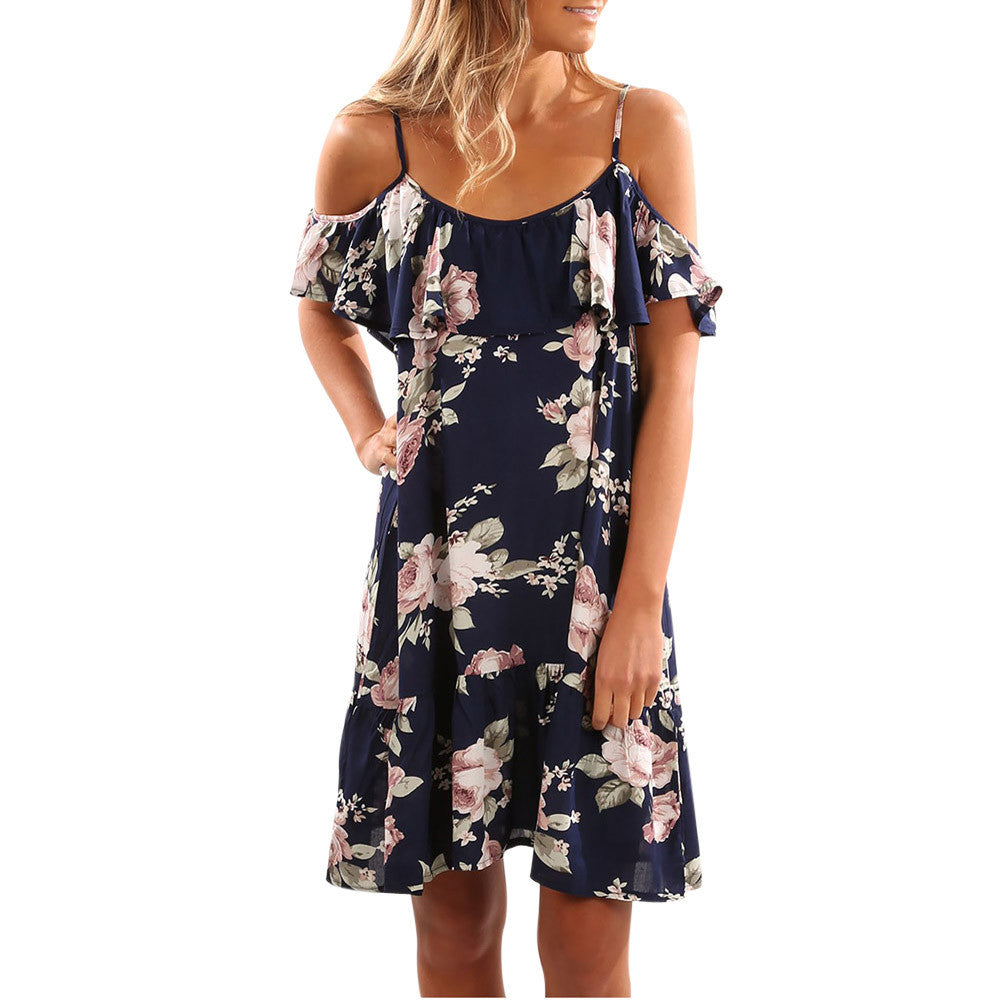 Women Summer Floral Ruffles Dress Off Shoulder Mini Dress Beach Party Dress