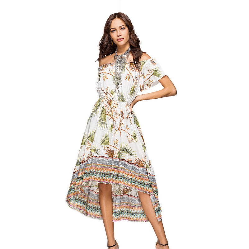 Summer Women Boho Maxi Dress Off Shoulder Slash Neck Sexy Print Asymmetric Dresses