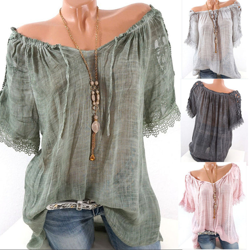 Women Short Sleeve Lacepatchwork T Shirts Off Shoulder Loose Blouse Tops Shirt