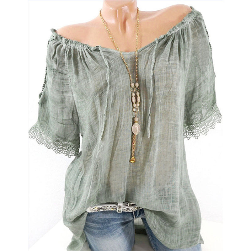 Women Short Sleeve Lacepatchwork T Shirts Off Shoulder Loose Blouse Tops Shirt