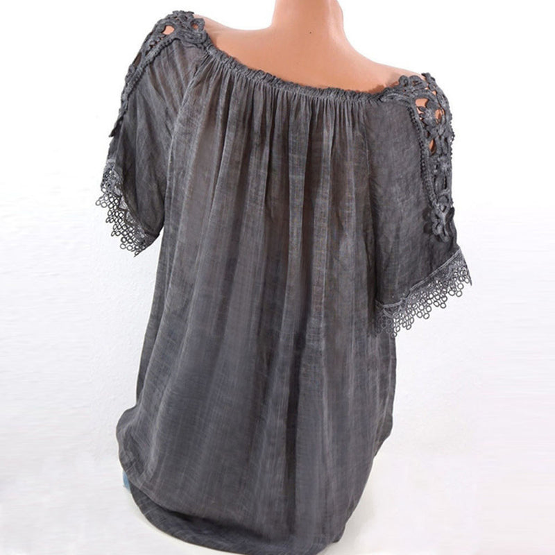Women Short Sleeve Lacepatchwork T Shirts Off Shoulder Loose Blouse Tops Shirt