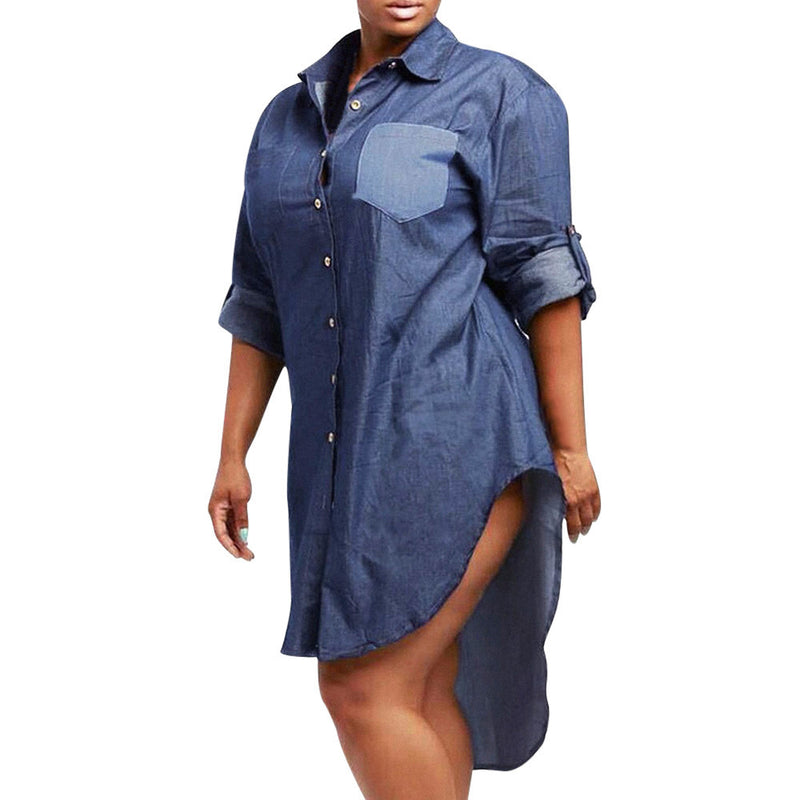 Womens Denim Jeans Look Asymmetric Long Sleeve Button Mini Sexy Casual Dress