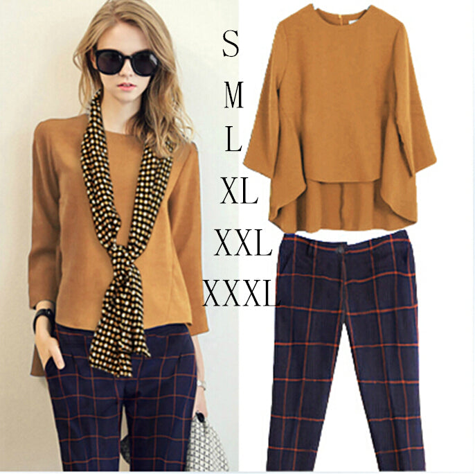 sets OL Elegant Set 2pcs/set(Irregular Chiffon blouse+Plaided Capris)