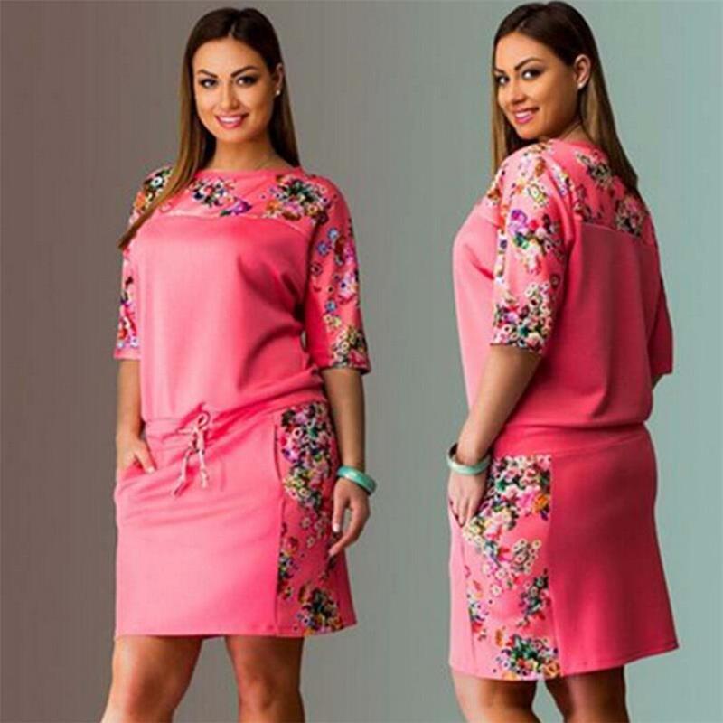 Round neck short sleeve printing large size women's dress