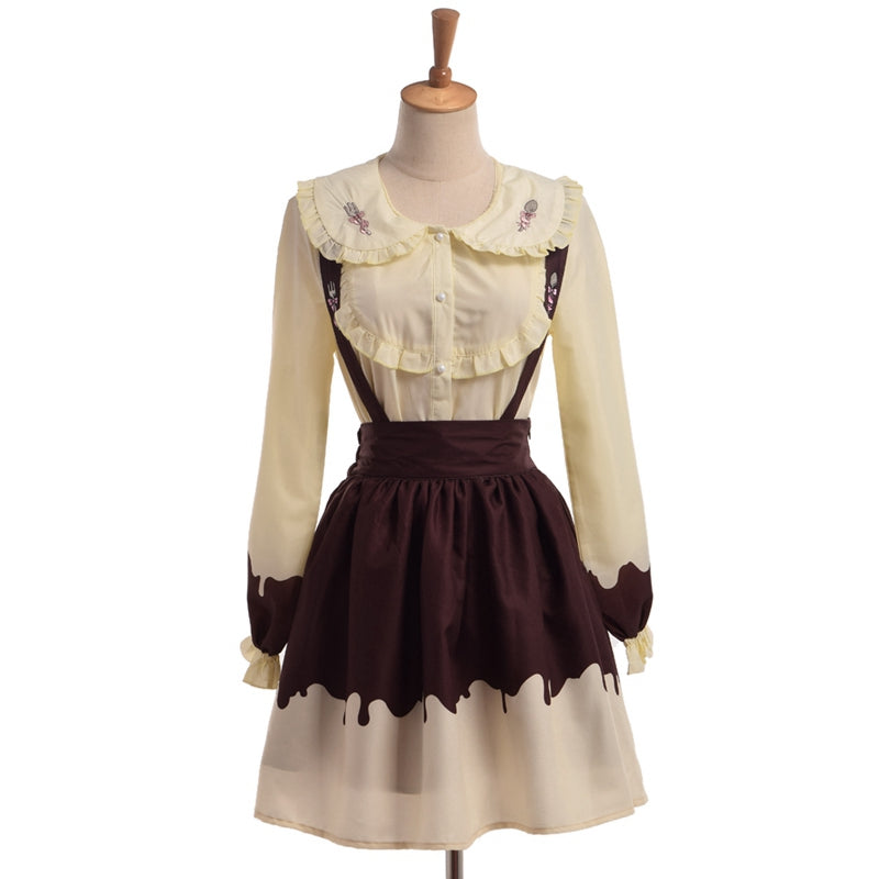 Lolita Cream Outfit Cute Fork Spoon Embroidery Blouse Shirt Suspender Jumper Skirt Set