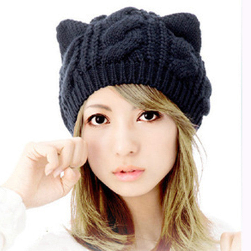 Hot Selling Hat Winter Cute Cat Ears Design women's winter knitted hats New Fashion Hemp Flowers Knitted Hat For Christmas Gift