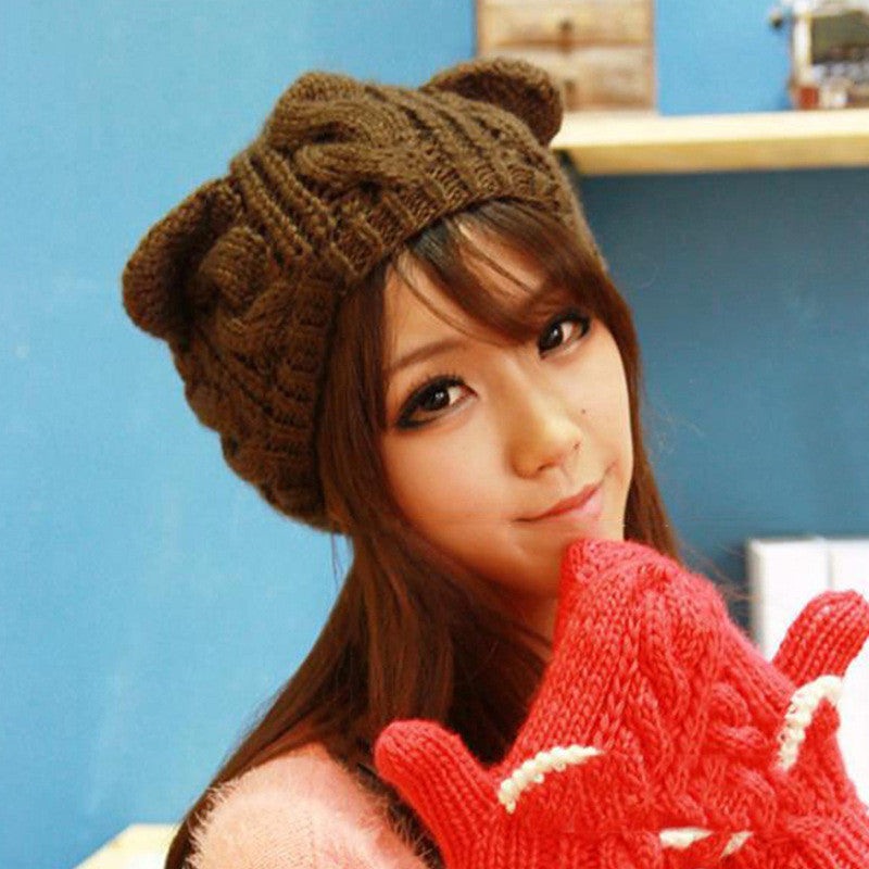 Hot Selling Hat Winter Cute Cat Ears Design women's winter knitted hats New Fashion Hemp Flowers Knitted Hat For Christmas Gift