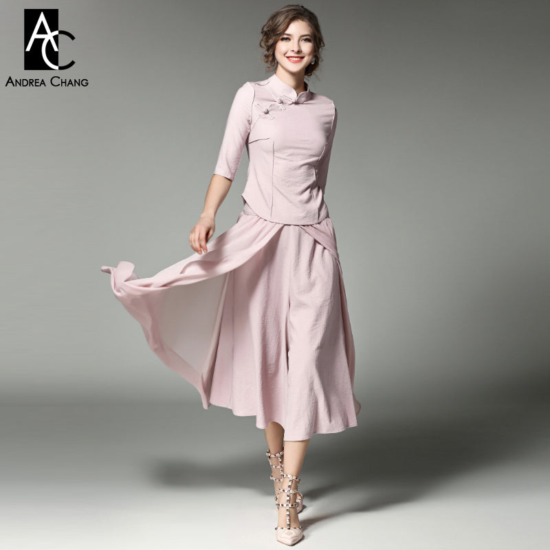 spring summer runway designer womans clothing set pink gray chi-pao coat ankle length skirt fashion vintage blouse skirt suit