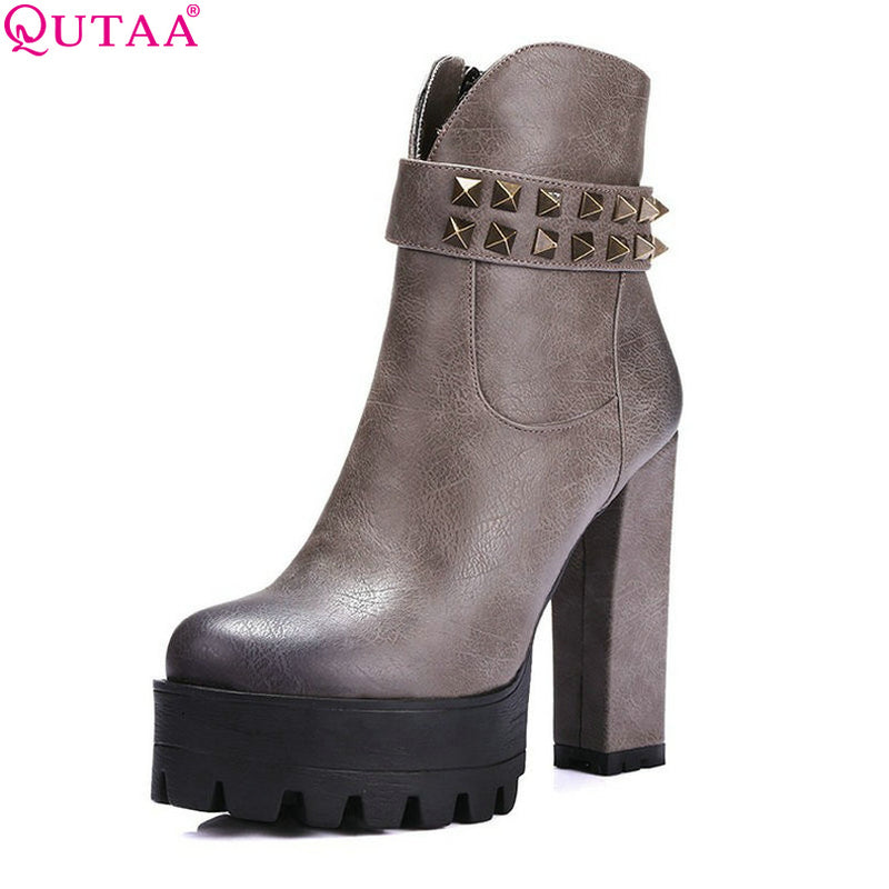 QUTAA NEW Hot Sell Ladies Fashion Snow Boots Square High Heels Platform Shoes Rivet Boots Size 34-39