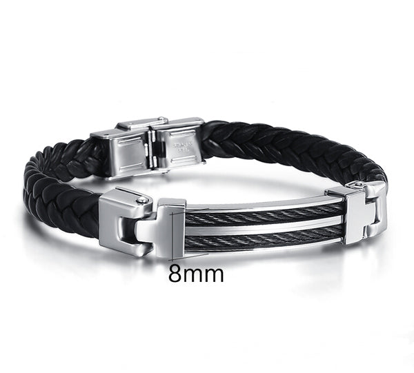 Vnox Fashion Black Leather Bracelets Men Jewelry Stainless Steel Wire