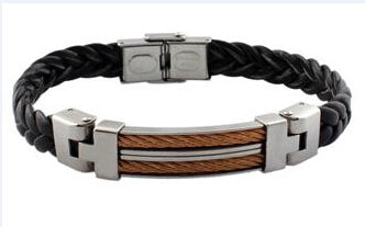 Vnox Fashion Black Leather Bracelets Men Jewelry Stainless Steel Wire