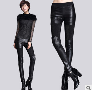 Personality Women's Pants Women Velvet Thicken leather Trousers Blacvk Winter Warm fleece Slim Skinny Jeans Boot Cut Sweatpants