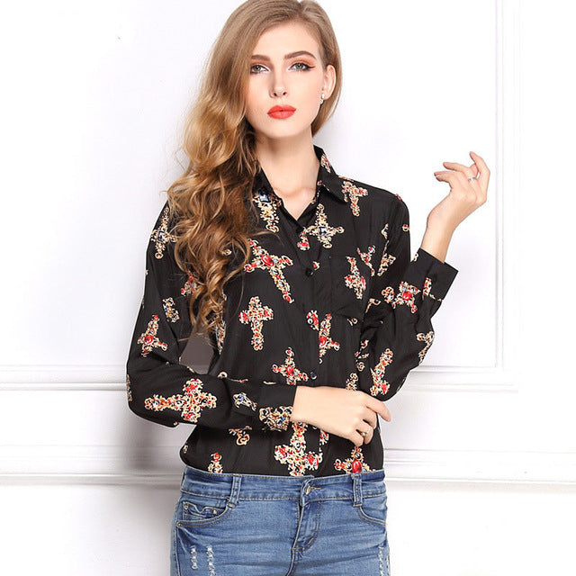 CD29 White Black Long Sleeve Women's Blouses&Shirts Kiss Red Lip Print Casual Tops Loose Plus Size Lady Button Leopard Blusas