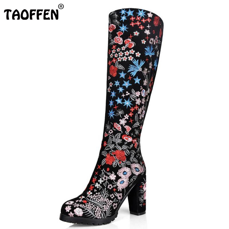 Women Boots Real Leather Knee Boots Ladies High Heel Embroidery Botas Mujer Winter Fashion Zipper Heeled Women Shoes Size 33-43