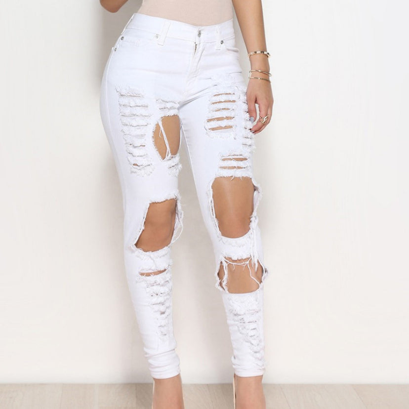 Tall waist cultivate one's morality spring hole ripped jeans
