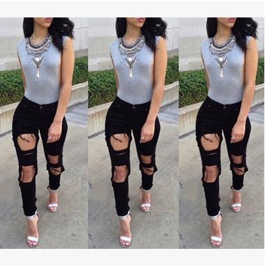 Tall waist cultivate one's morality spring hole ripped jeans