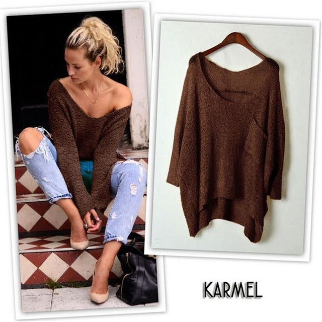 long-sleeved knit sweater big pocket thin sweater women Stretch knit sweater
