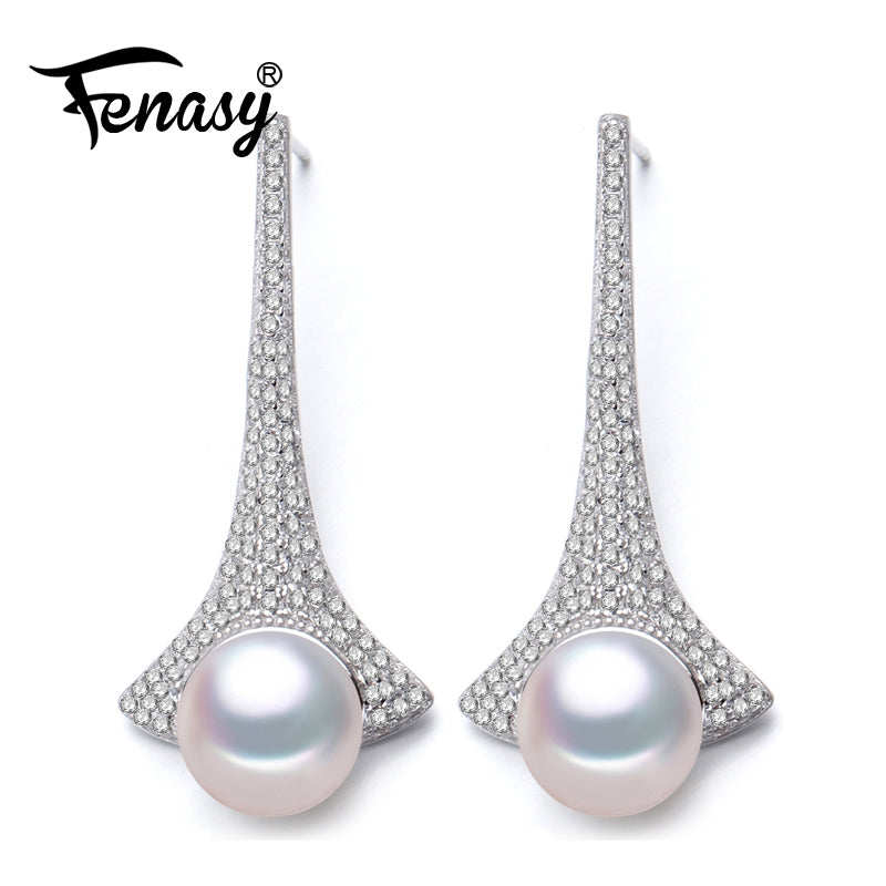 FENASY  Freshwater Drop Pearl Earring 925-sterling-silver long Earrings 8-9mm Pearls Jewelry Classic charm earrings