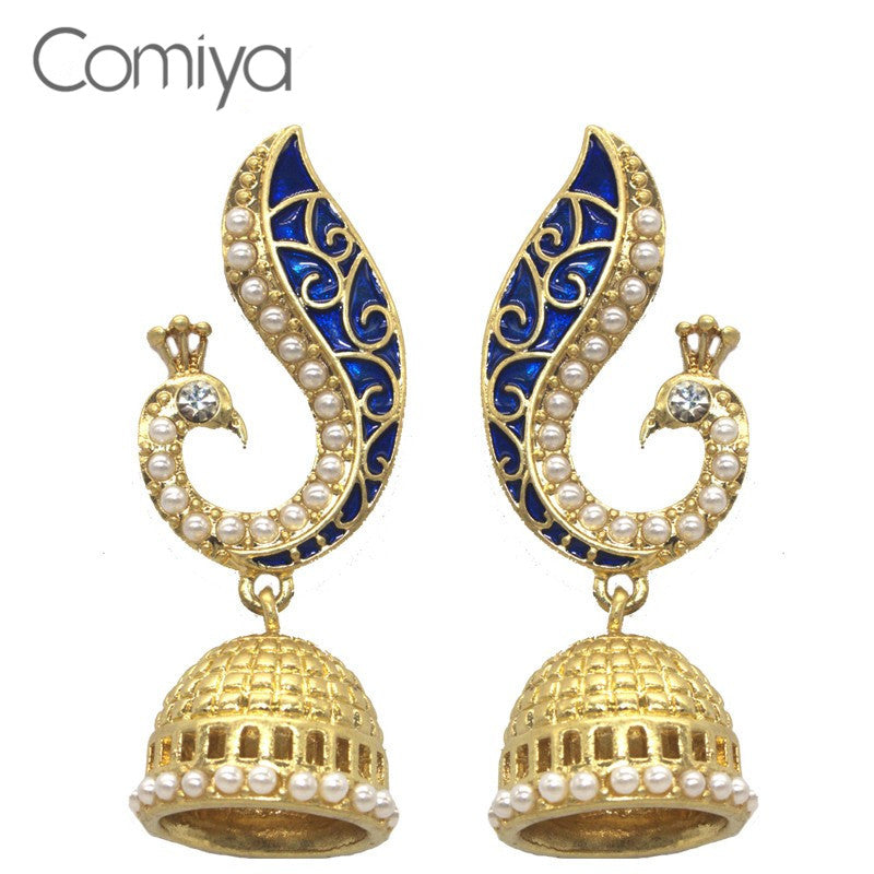 Comiya Gold Pearl Blue Peacock Drop Mosaic Earrings