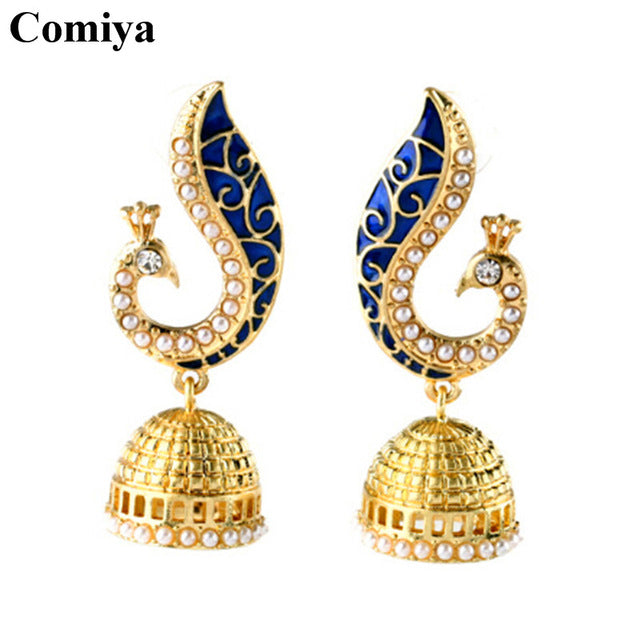 Comiya Gold Pearl Blue Peacock Drop Mosaic Earrings