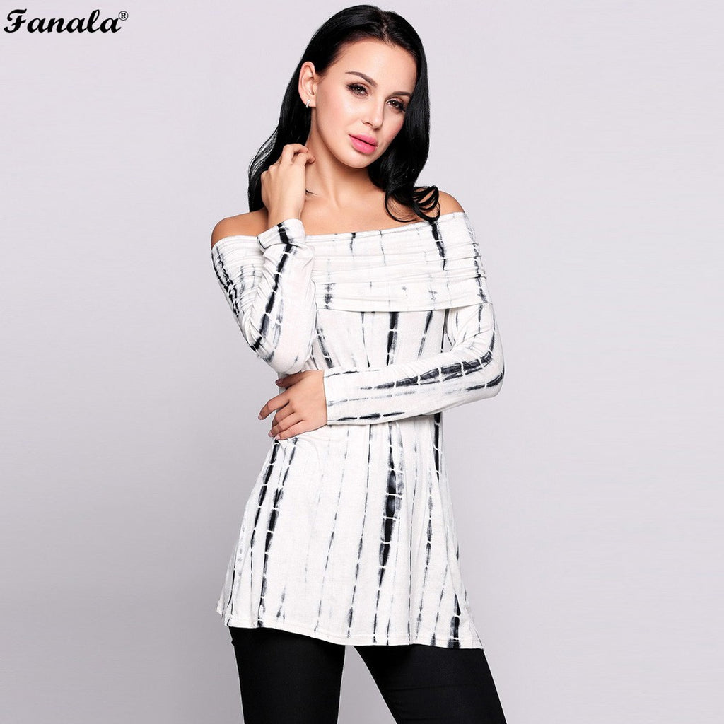 FANALA Women Top Shirt 2017 Summer Women Cold Shoulder Tie Dye Slash Neck Long Sleeve Female Pullover Tops Blusas #50-30