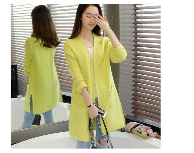 long wild  knitted cardigan autumn sweater simple candy-colored casual fashion cardigan