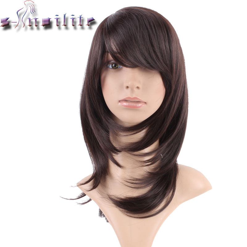 S-noilite Long Dark Brown None Lace Wigs 100% Real Natural Straight Synthetic Glueless Heat Resistant Wig BOB Hairstyle