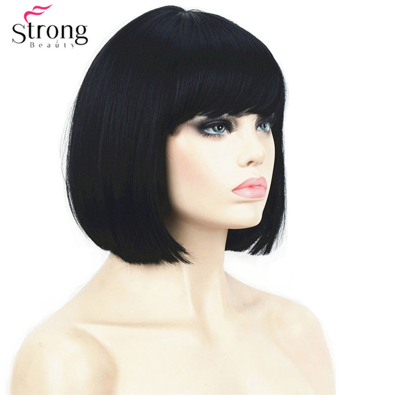 Lady Women Short Black Color Synthetic Straight Hair European Weave Wig