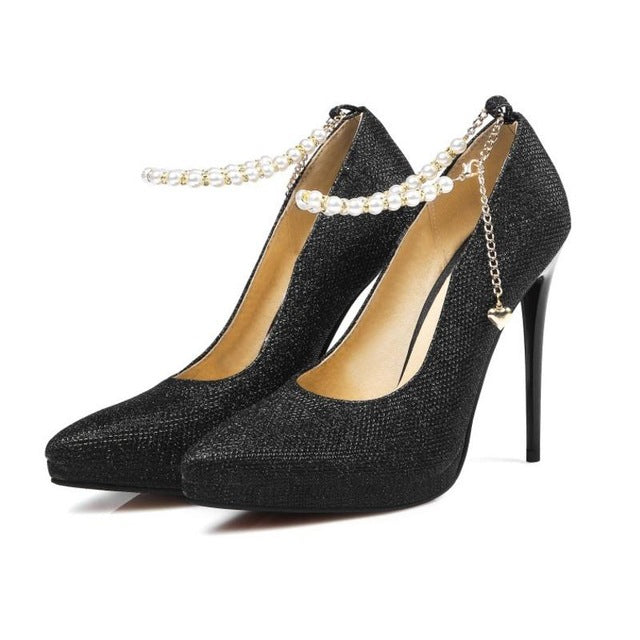 Women Sexy Thin High Heel Shoes Woman Less Platform Pointed Toe Heels Pumps Ladies Elegant Ankle Strap Wedding Shoes Size 31-45