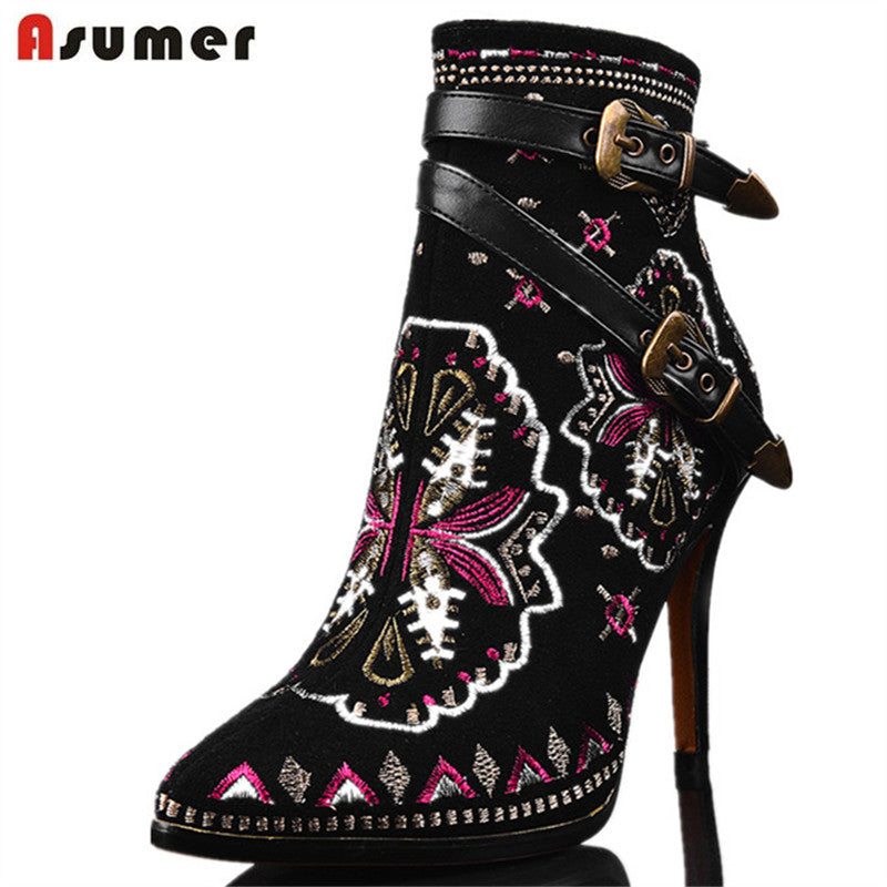 ASUMER High Quality Autumn Winter Women Buckle ankle boots high heels Genuine leather motorcycle boots Ethnic flower lady shoes
