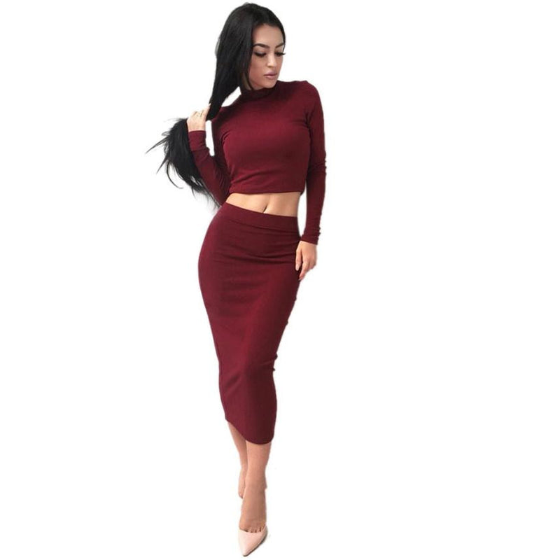 0217 Fashion 1PC Blouse+1PC Dress Sexy Solid Women Long Sleeve Bodycon Party Cocktail Club Dresses Workwear