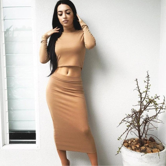 0217 Fashion 1PC Blouse+1PC Dress Sexy Solid Women Long Sleeve Bodycon Party Cocktail Club Dresses Workwear