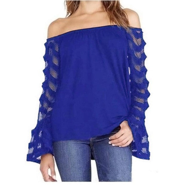 Blusas 2016 Summer Autumn Style Womens Blouse Sexy Black Blue Coffee Off Shoulder Long Sleeve Loose Casual Top Plus Size #LSN