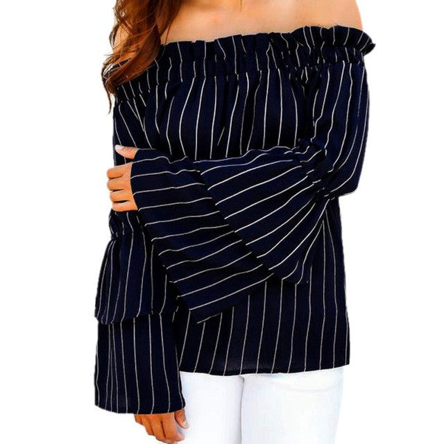 Tops Dark Blue Striped Shirts Boat Neck