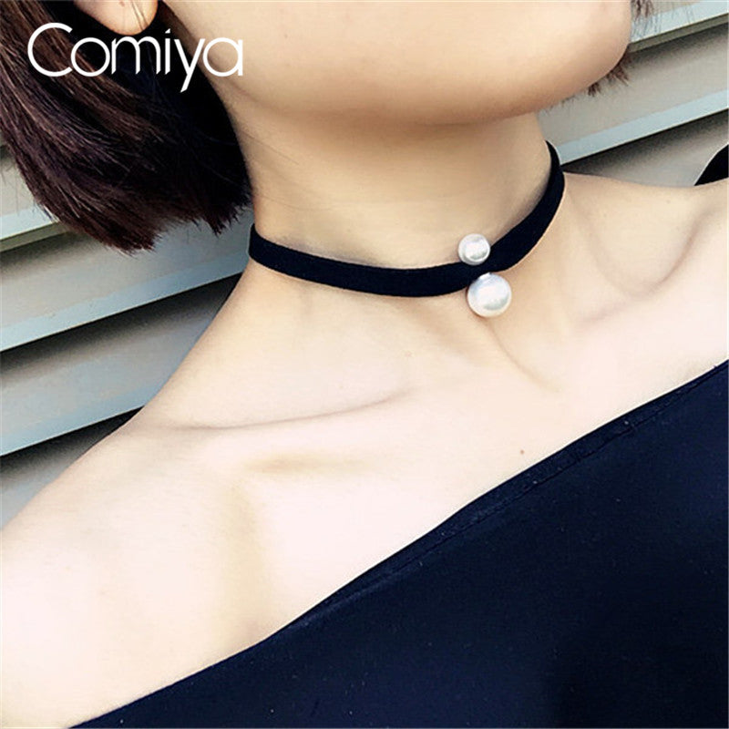 Comiya Korean Black Ribbon Imitation Pearl Pendants Necklaces