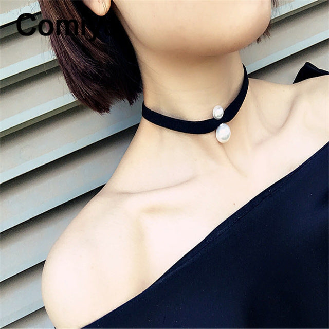 Comiya Korean Black Ribbon Imitation Pearl Pendants Necklaces